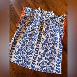 THML Blue and White Floral Blouse with Orange Trim